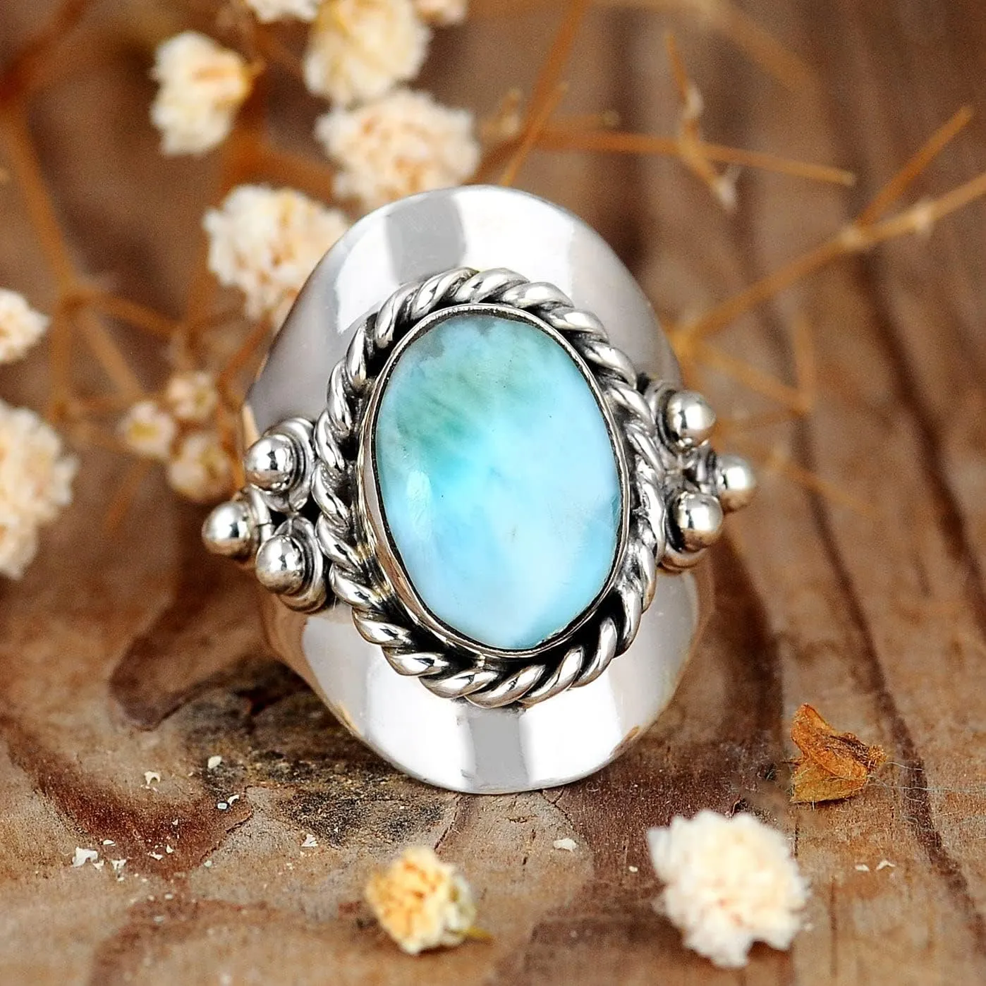 Boho-Magic Sterling Silver Larimar Ring for Women Oval Gemstone Boho jewelry