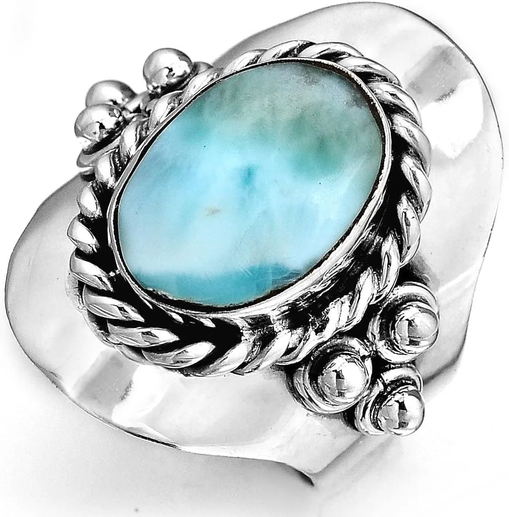 Boho-Magic Sterling Silver Larimar Ring for Women Oval Gemstone Boho jewelry