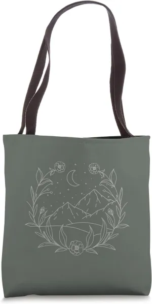 Boho Mountain Moon Night Botanical Floral (Dark Olive) Tote Bag