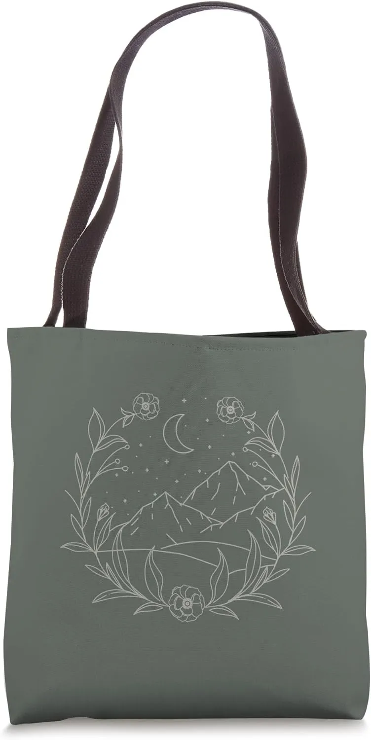 Boho Mountain Moon Night Botanical Floral (Dark Olive) Tote Bag