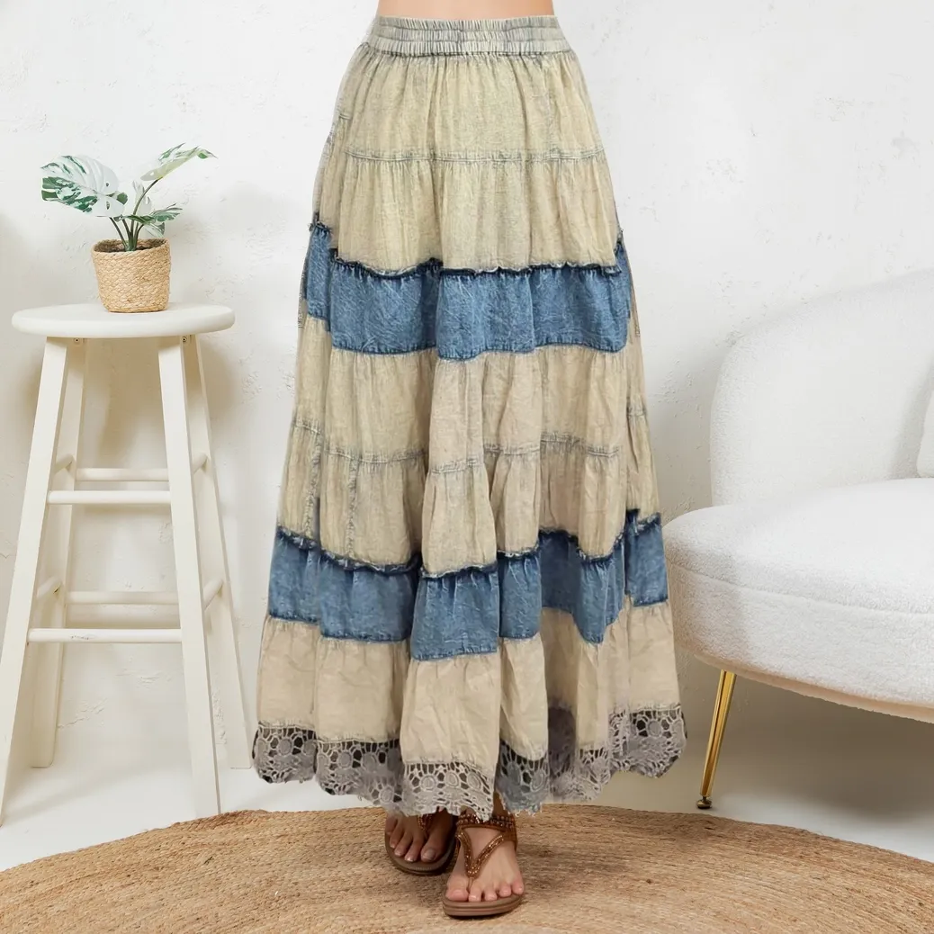 Boho Patchwork Denim   Lace Skirt