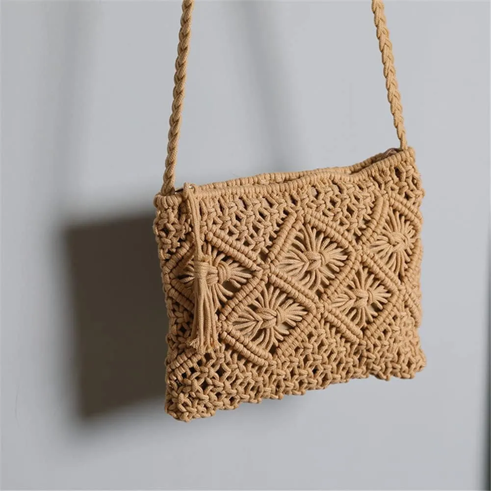 Boho Straw Shoulder Bag Handwoven Wicker Beach Purse for Women Crossbody Handbag