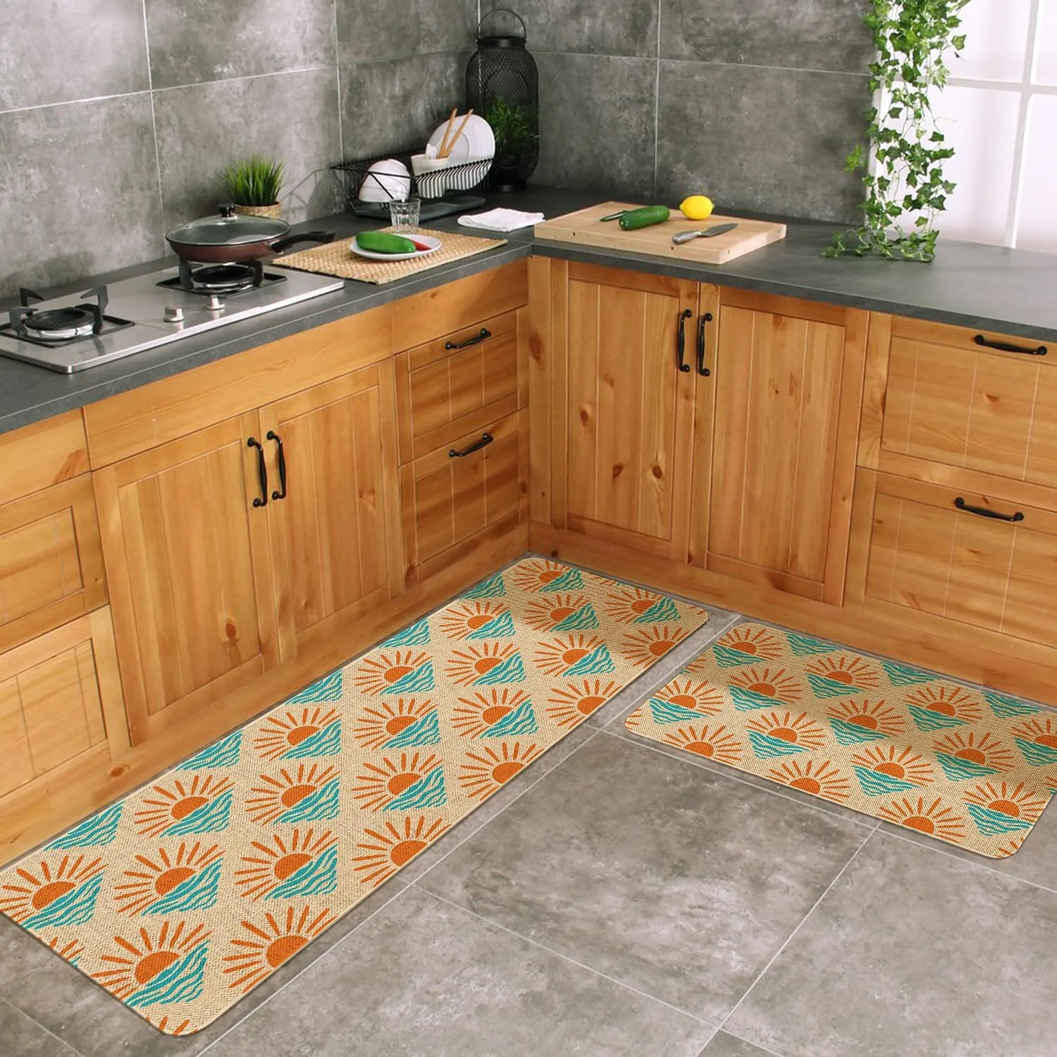 Boho Sunshine Kitchen Mats Set of 2 Non Slip Farmhouse Kitchen Rugs Bohemia Home Decor Low-Profile Washable Floor Mat 17x47 Inch and 17x29 Inch