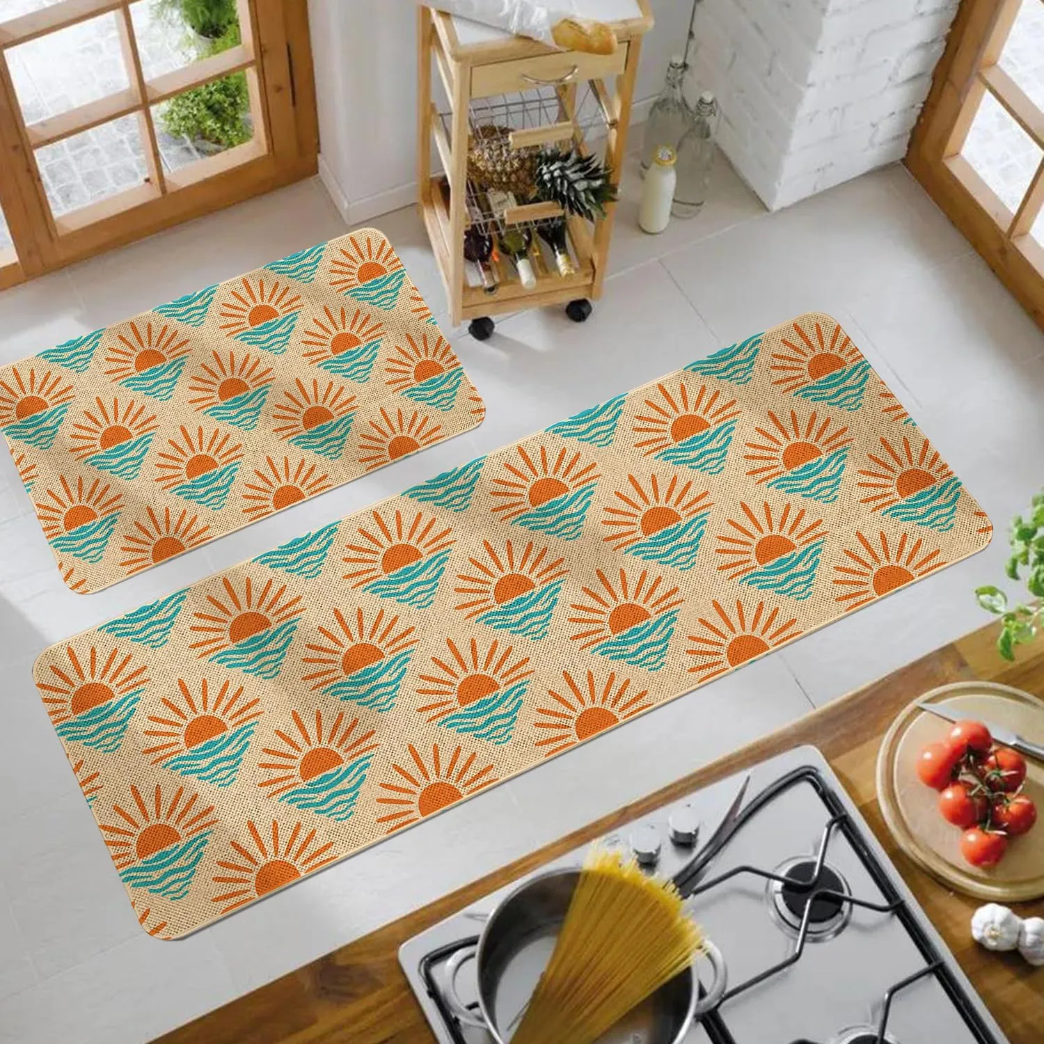 Boho Sunshine Kitchen Mats Set of 2 Non Slip Farmhouse Kitchen Rugs Bohemia Home Decor Low-Profile Washable Floor Mat 17x47 Inch and 17x29 Inch