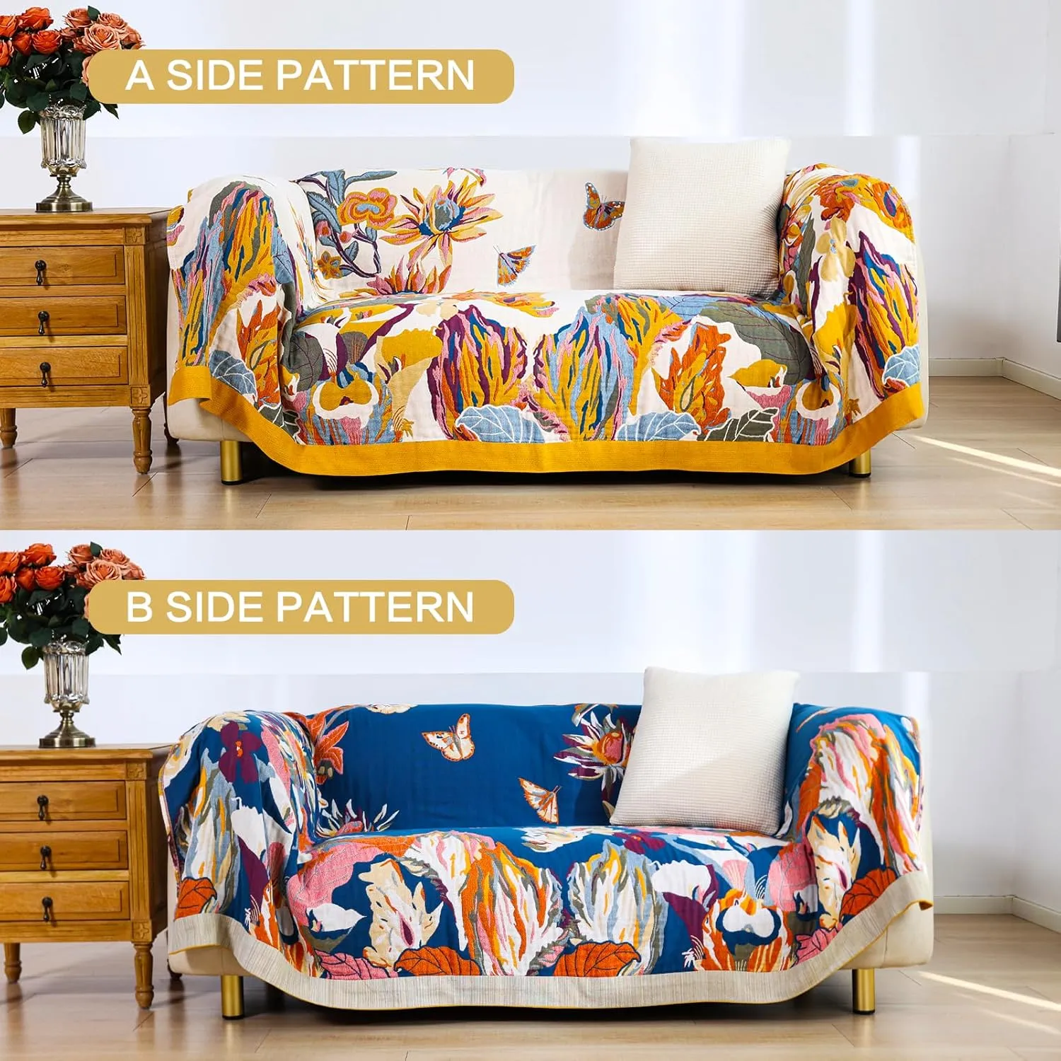 Boho Throw Blanket, 100% Organic Cotton Breathable Lightweight Ultra Soft Bed Quilt Throw - Summer Floral Bird Butterfly Farmhouse Decor Blanket for Sofa Couch Chair and Gift. 60" x 80"