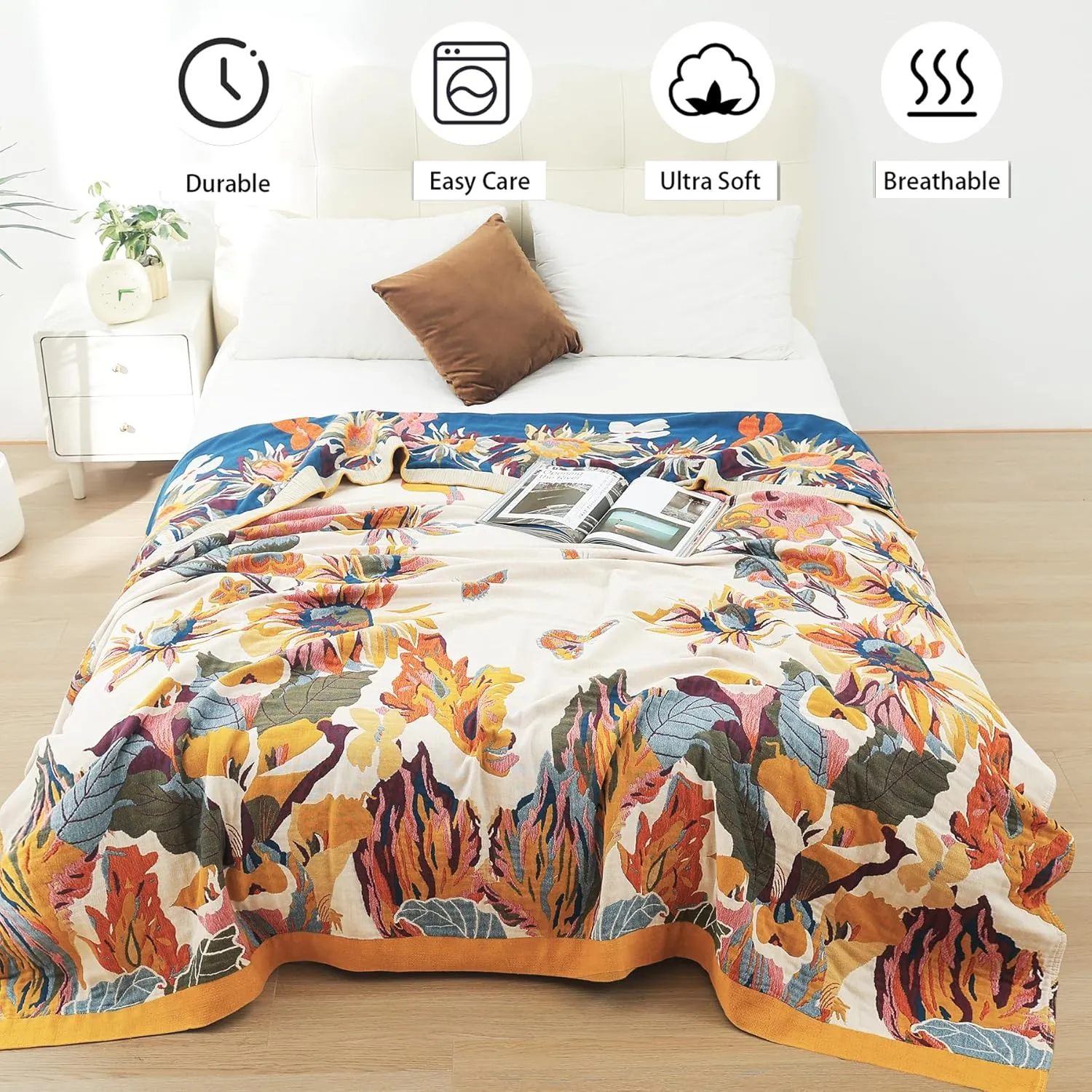 Boho Throw Blanket, 100% Organic Cotton Breathable Lightweight Ultra Soft Bed Quilt Throw - Summer Floral Bird Butterfly Farmhouse Decor Blanket for Sofa Couch Chair and Gift. 60" x 80"