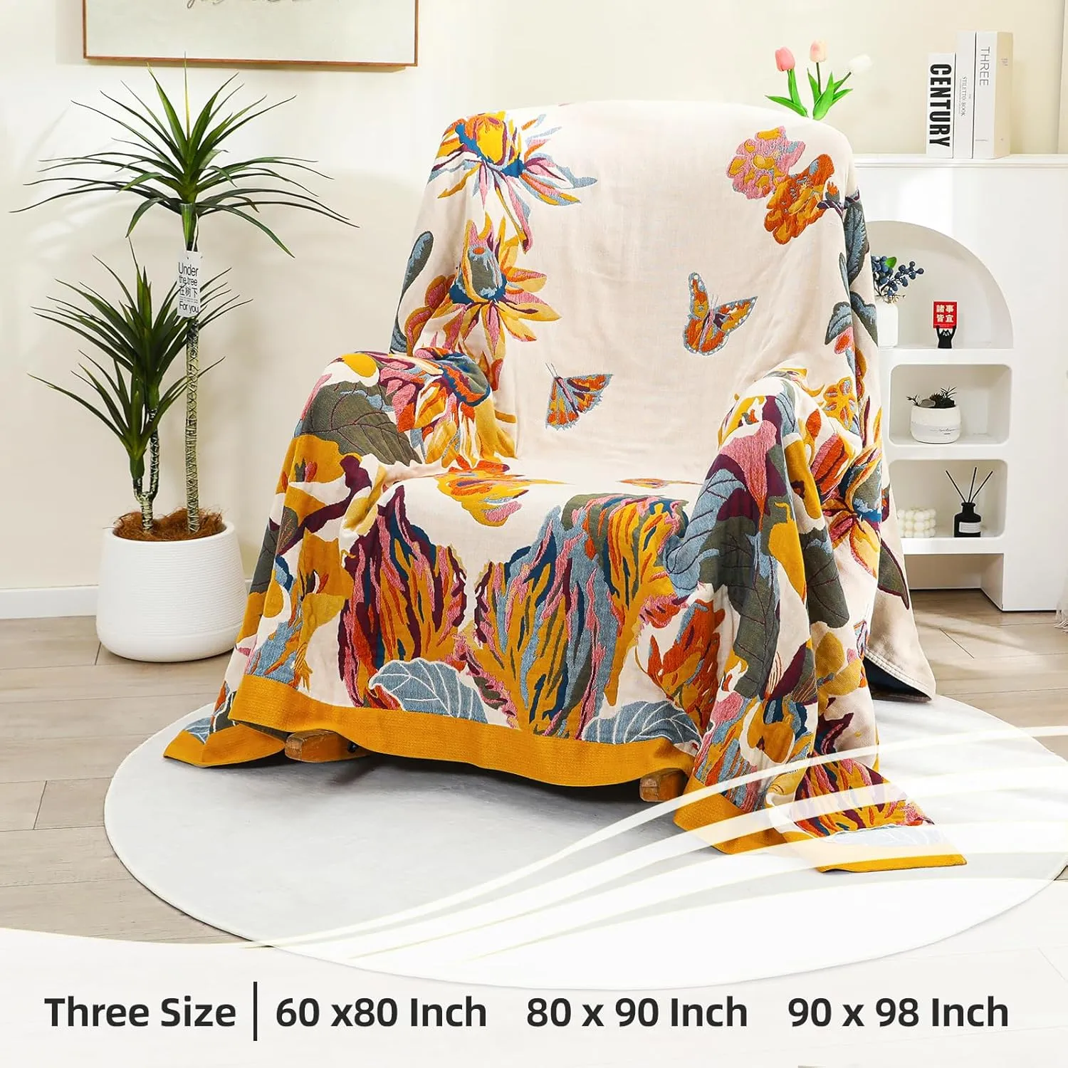 Boho Throw Blanket, 100% Organic Cotton Breathable Lightweight Ultra Soft Bed Quilt Throw - Summer Floral Bird Butterfly Farmhouse Decor Blanket for Sofa Couch Chair and Gift. 60" x 80"