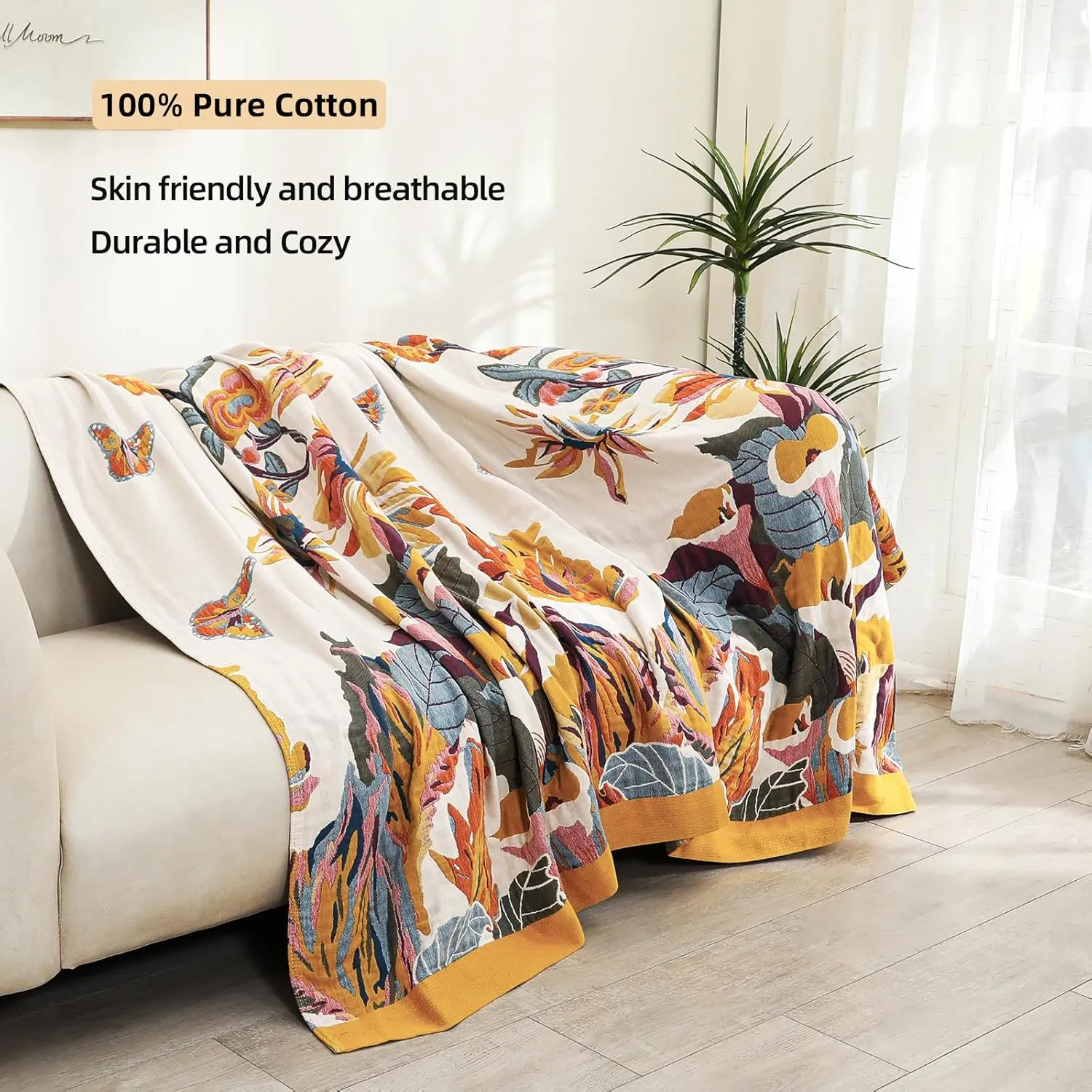 Boho Throw Blanket, 100% Organic Cotton Breathable Lightweight Ultra Soft Bed Quilt Throw - Summer Floral Bird Butterfly Farmhouse Decor Blanket for Sofa Couch Chair and Gift. 60" x 80"