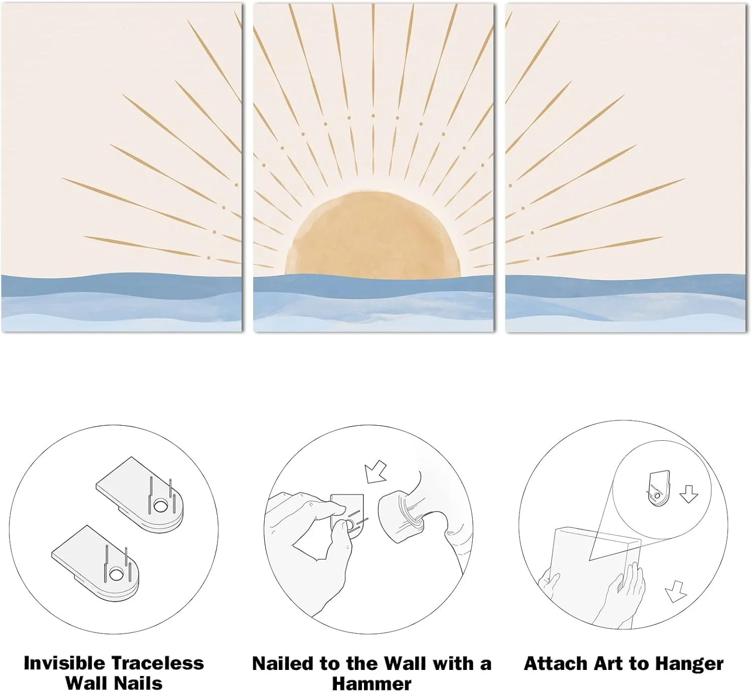 Boho Wall Art Set of 3, Neutral Geometric Sun Rising on the Sea Minimalist Art Framed Canvas Prints Artwork, Mid Century Modern Boho Sun Wall Art Decor for Bathroom, Bedroom, Living Room, Office