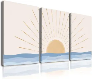Boho Wall Art Set of 3, Neutral Geometric Sun Rising on the Sea Minimalist Art Framed Canvas Prints Artwork, Mid Century Modern Boho Sun Wall Art Decor for Bathroom, Bedroom, Living Room, Office
