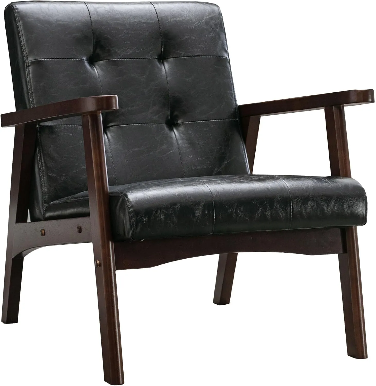 Bonzy Home Black Accent Chair,Faux Leather Mid Century Modern Chairs for Living Room, Upholstered Armchair Comfy Retro Bedroom Side Chair with Solid Wood Frame, Black