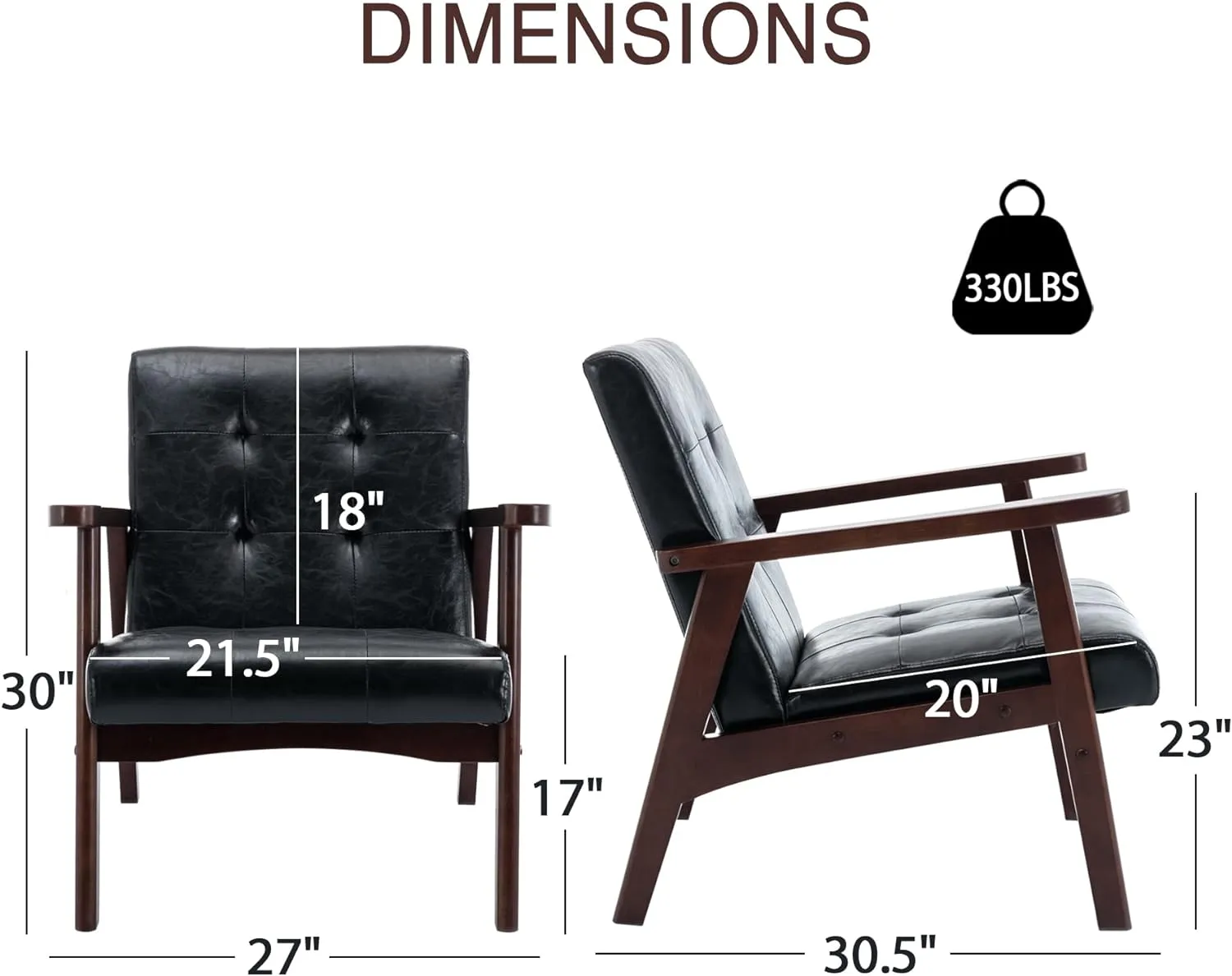 Bonzy Home Black Accent Chair,Faux Leather Mid Century Modern Chairs for Living Room, Upholstered Armchair Comfy Retro Bedroom Side Chair with Solid Wood Frame, Black