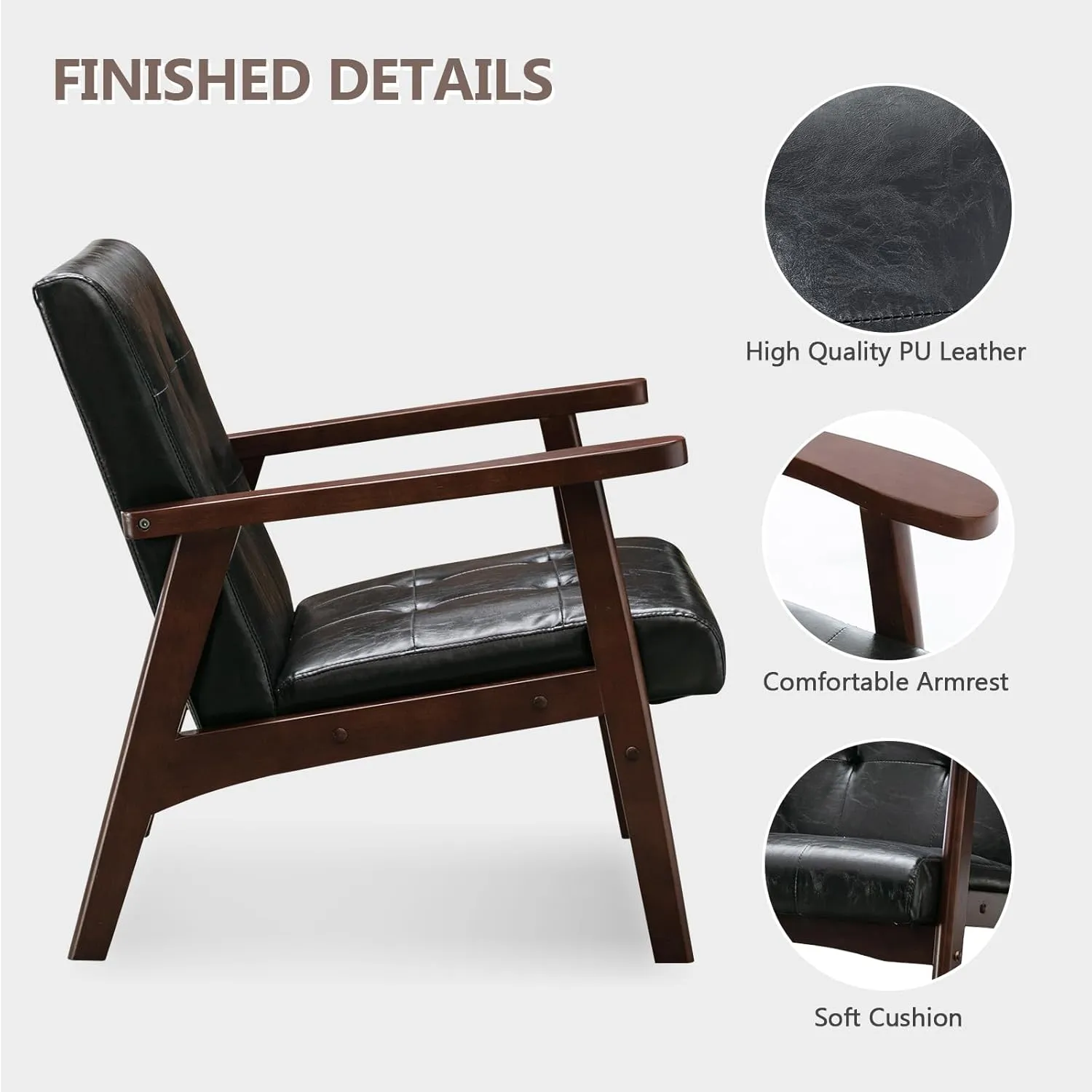 Bonzy Home Black Accent Chair,Faux Leather Mid Century Modern Chairs for Living Room, Upholstered Armchair Comfy Retro Bedroom Side Chair with Solid Wood Frame, Black