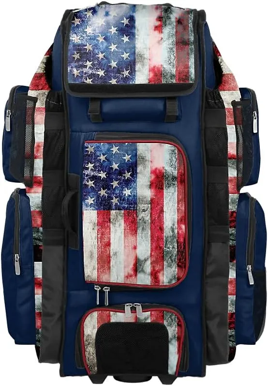 Boombah Superpack XL Rolling Bat Bag - 36" x 16" x 23.5" - USA Old Glory Navy/Red/White - Wheeled Version