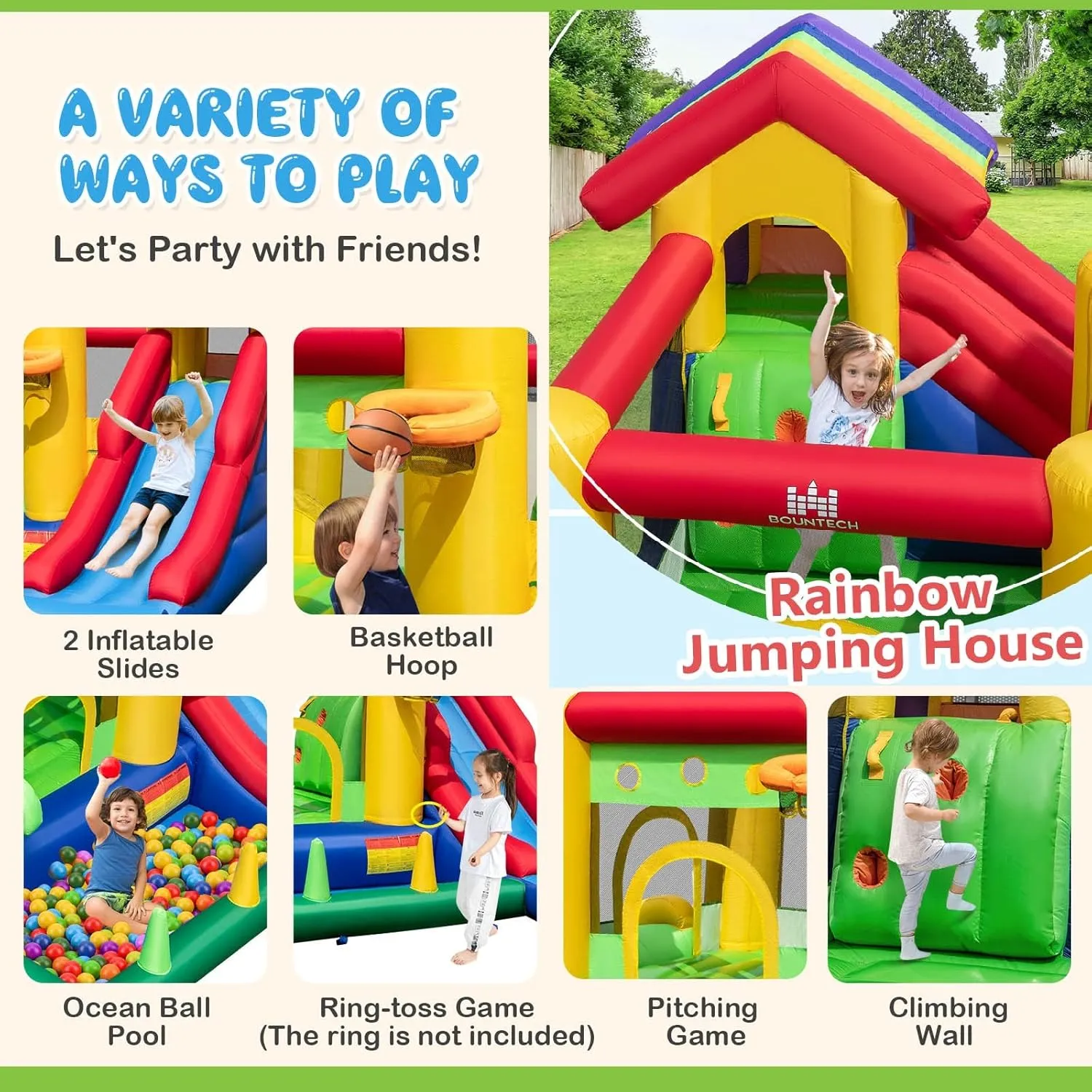 BOUNTECH Inflatable Bounce House with Ball Pit, Dual Slides Bouncy House for Kids Aged 3  Backyard Party Fun w/Blower, Kids Bounce House with Slide for Boys Girls Indoor Outdoor Birthday Party Gift