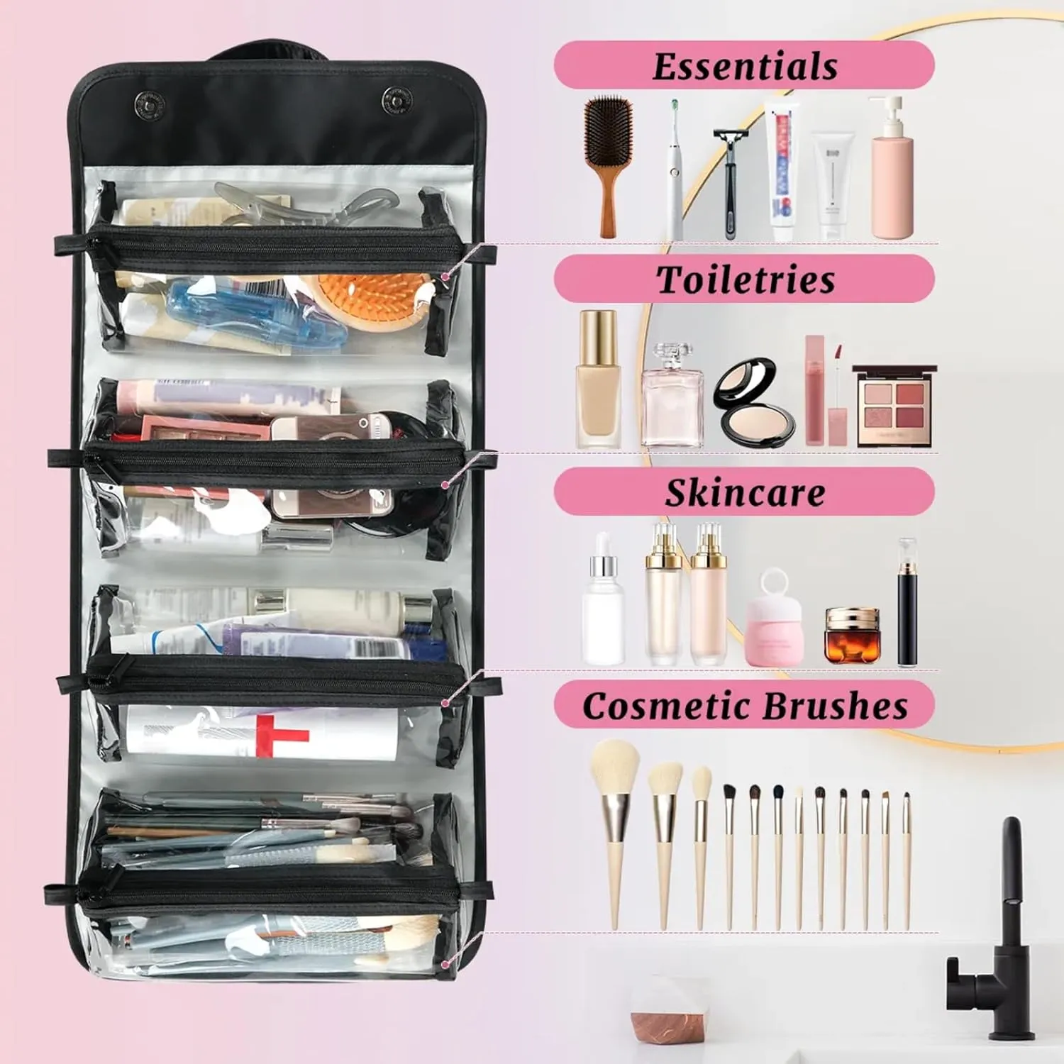 Bouquet Wallpaper Landscape Toiletry Bag Water Proof Travel Makeup Case Large Capacity 4 in 1 Foldable Cosmetics Storage for Women Men Removable Zipper Clear PVC Pockets