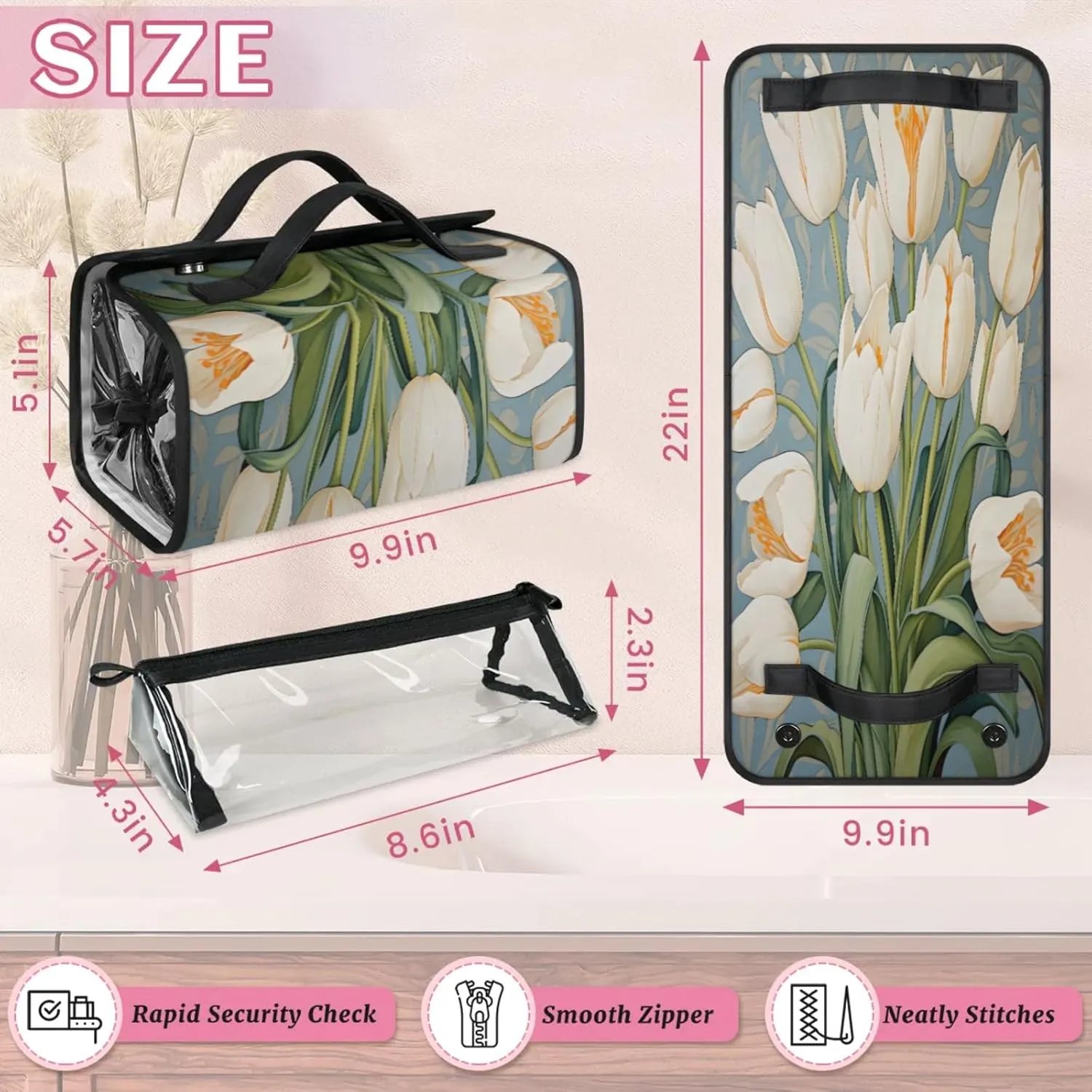 Bouquet Wallpaper Landscape Toiletry Bag Water Proof Travel Makeup Case Large Capacity 4 in 1 Foldable Cosmetics Storage for Women Men Removable Zipper Clear PVC Pockets
