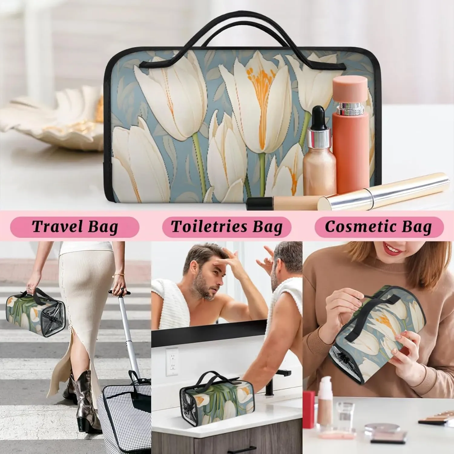 Bouquet Wallpaper Landscape Toiletry Bag Water Proof Travel Makeup Case Large Capacity 4 in 1 Foldable Cosmetics Storage for Women Men Removable Zipper Clear PVC Pockets