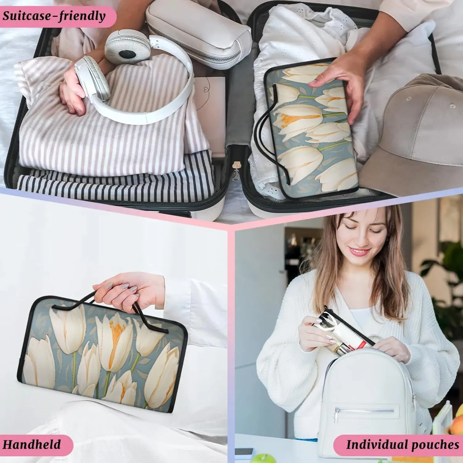 Bouquet Wallpaper Landscape Toiletry Bag Water Proof Travel Makeup Case Large Capacity 4 in 1 Foldable Cosmetics Storage for Women Men Removable Zipper Clear PVC Pockets