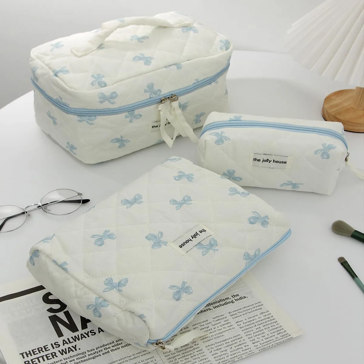 Bow Aesthetic Bag Y2k Cosmetic Bag for Purse Coquette Aesthetic Cute Makeup Bag Make Up Bag Set (Blue Bow-1)