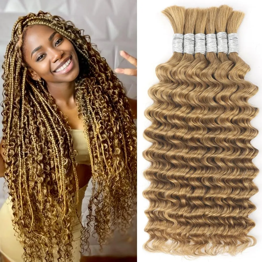 Braiding Hair for Boho Braids Deep Wave Human Hair 150g 20 Inch Curly Boho Hair for Braiding Knotless 12A Brazilian Virgin 6 Bundles/Pack Honey Blonde Wet and Wavy Human Braiding Hair 27#
