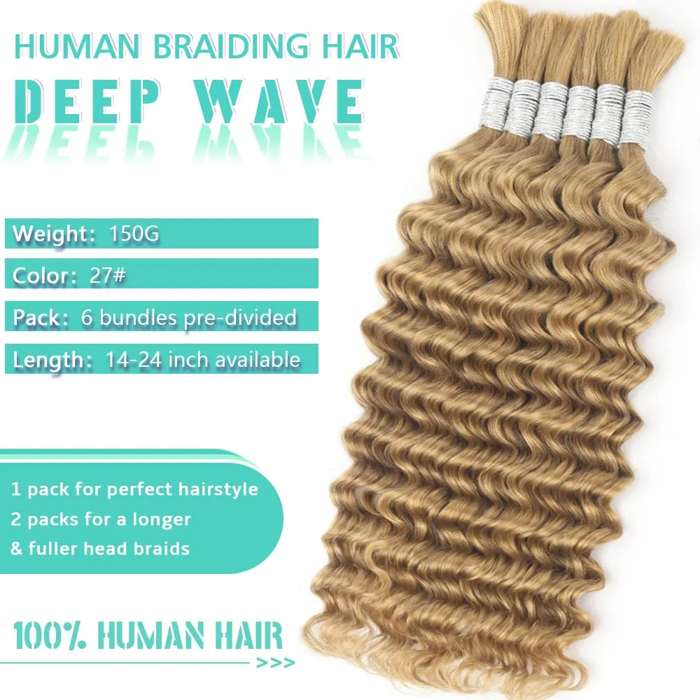 Braiding Hair for Boho Braids Deep Wave Human Hair 150g 20 Inch Curly Boho Hair for Braiding Knotless 12A Brazilian Virgin 6 Bundles/Pack Honey Blonde Wet and Wavy Human Braiding Hair 27#