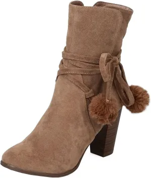 Breckelle's Women's Wrap Around Pom Pom Chunky Stacked Heel Ankle Bootie (5.5 B(M) US, Beige)