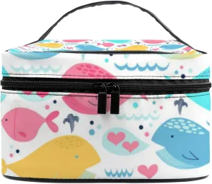 Bright Color Cute Whales Large Capacity Travel Cosmetic Toiletry Makeup Bag Case Waterproof Makeup Organizer Portable Storage Bags with Handle Zipper for Women Girls