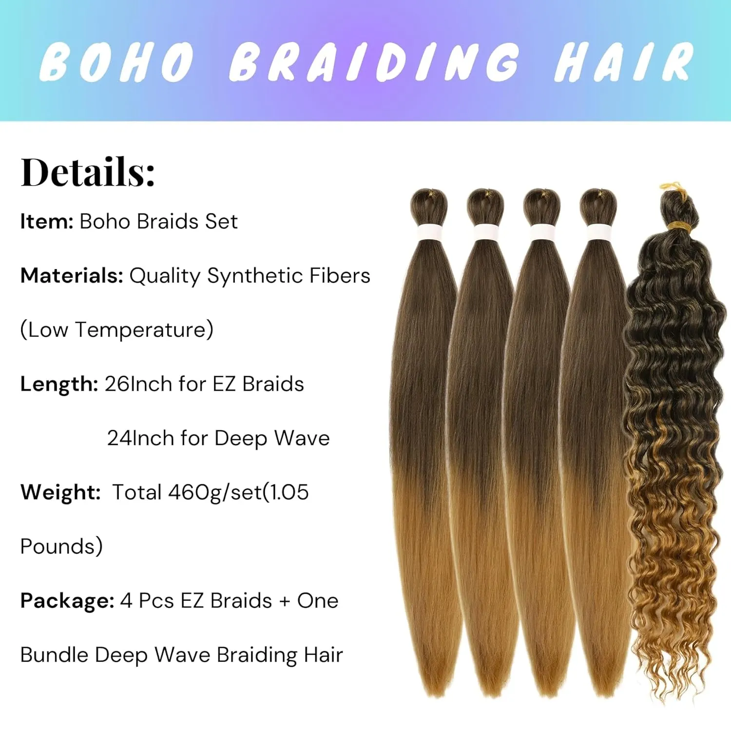 Brown to Honey Blonde Braiding Hair, Pre Stretched for Boho Braids - Synthetic, EZ Braiding Hair for Knotless & Box Braids (5 Packs)