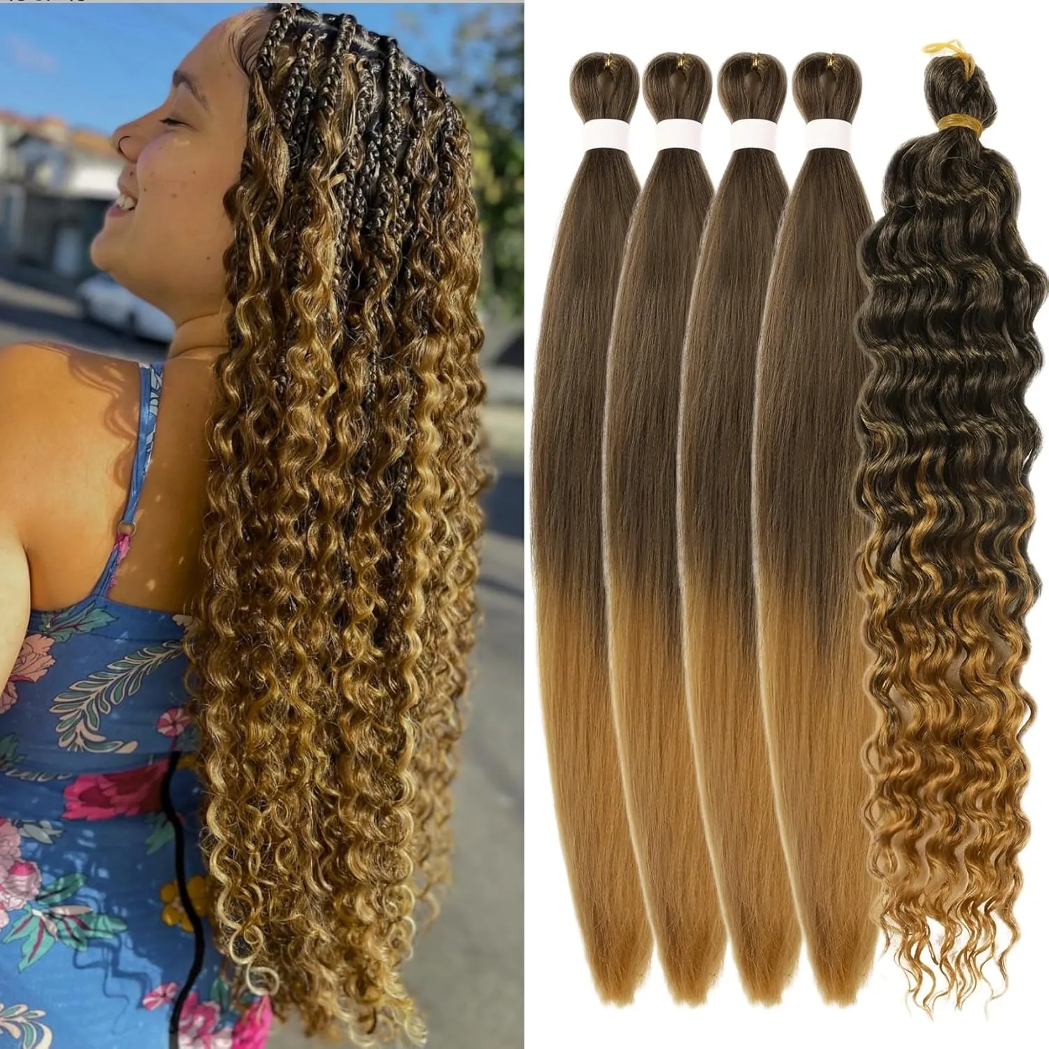 Brown to Honey Blonde Braiding Hair, Pre Stretched for Boho Braids - Synthetic, EZ Braiding Hair for Knotless & Box Braids (5 Packs)