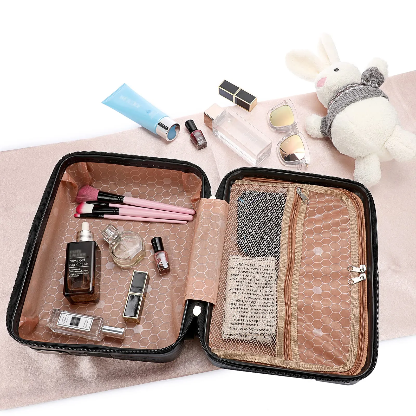 BSTKEY Portable Hard Shell Cosmetic Travel Case, Small Travel Hand Luggage with Elastic Band, Mini ABS Carrying Makeup Case Suitcase, Black