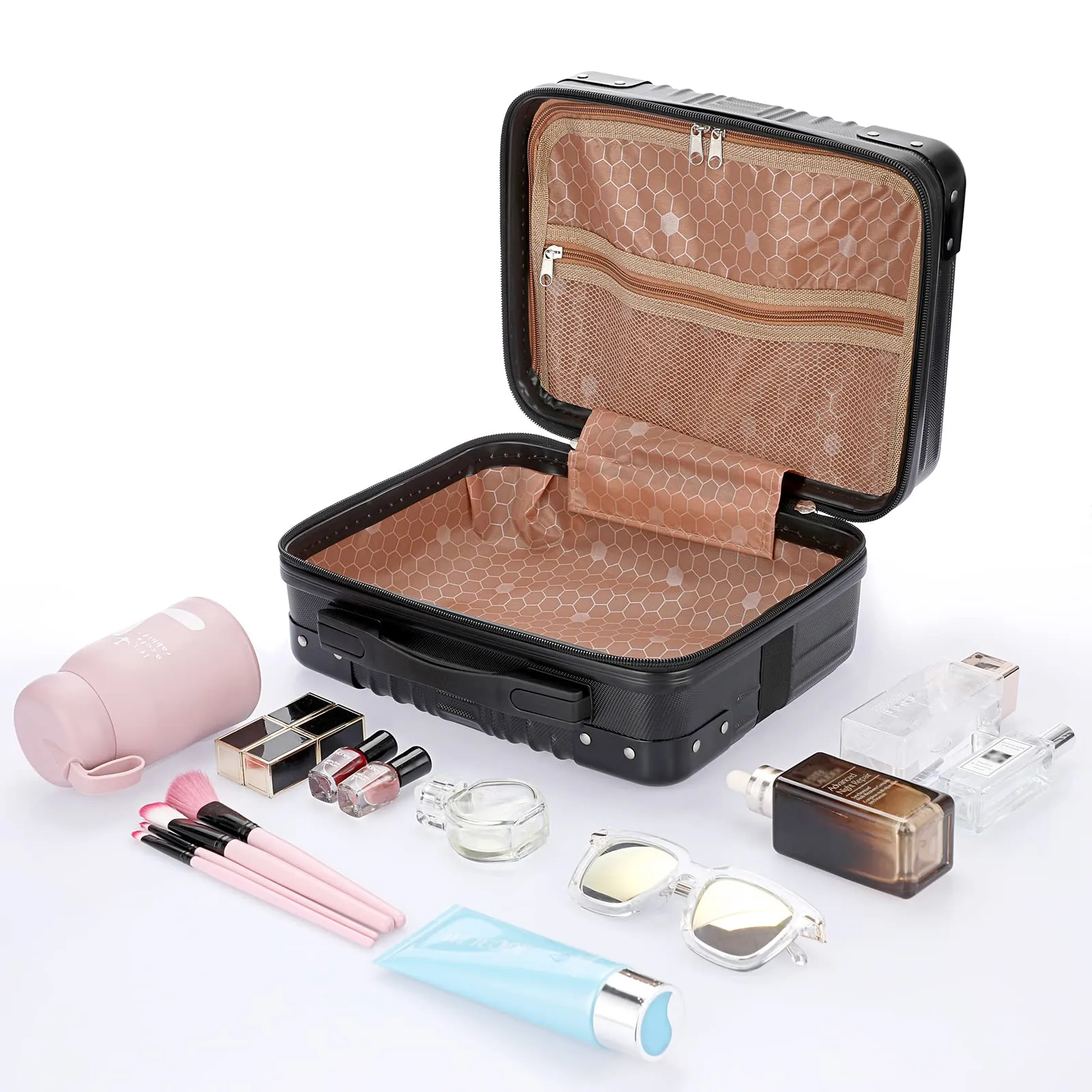 BSTKEY Portable Hard Shell Cosmetic Travel Case, Small Travel Hand Luggage with Elastic Band, Mini ABS Carrying Makeup Case Suitcase, Black