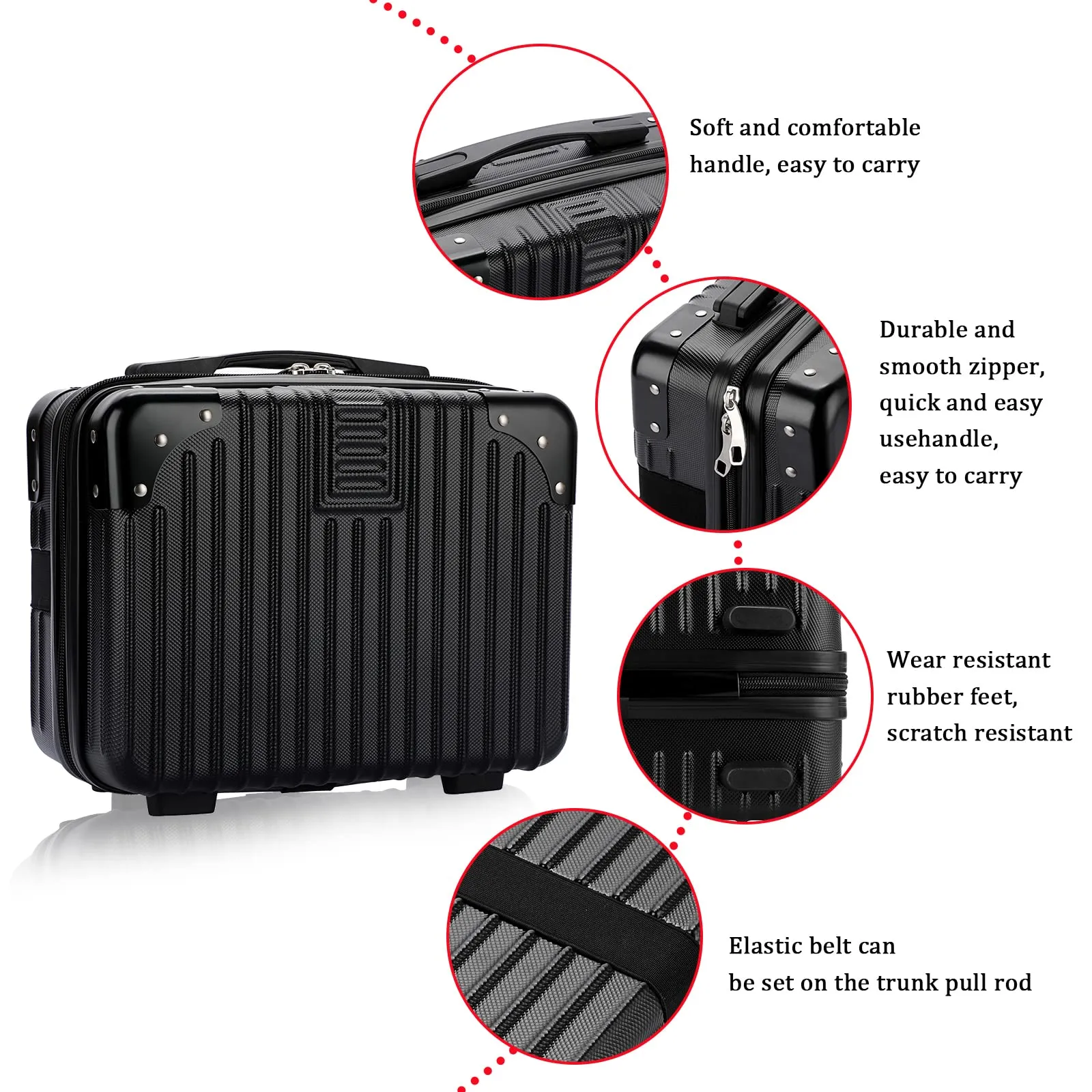 BSTKEY Portable Hard Shell Cosmetic Travel Case, Small Travel Hand Luggage with Elastic Band, Mini ABS Carrying Makeup Case Suitcase, Black
