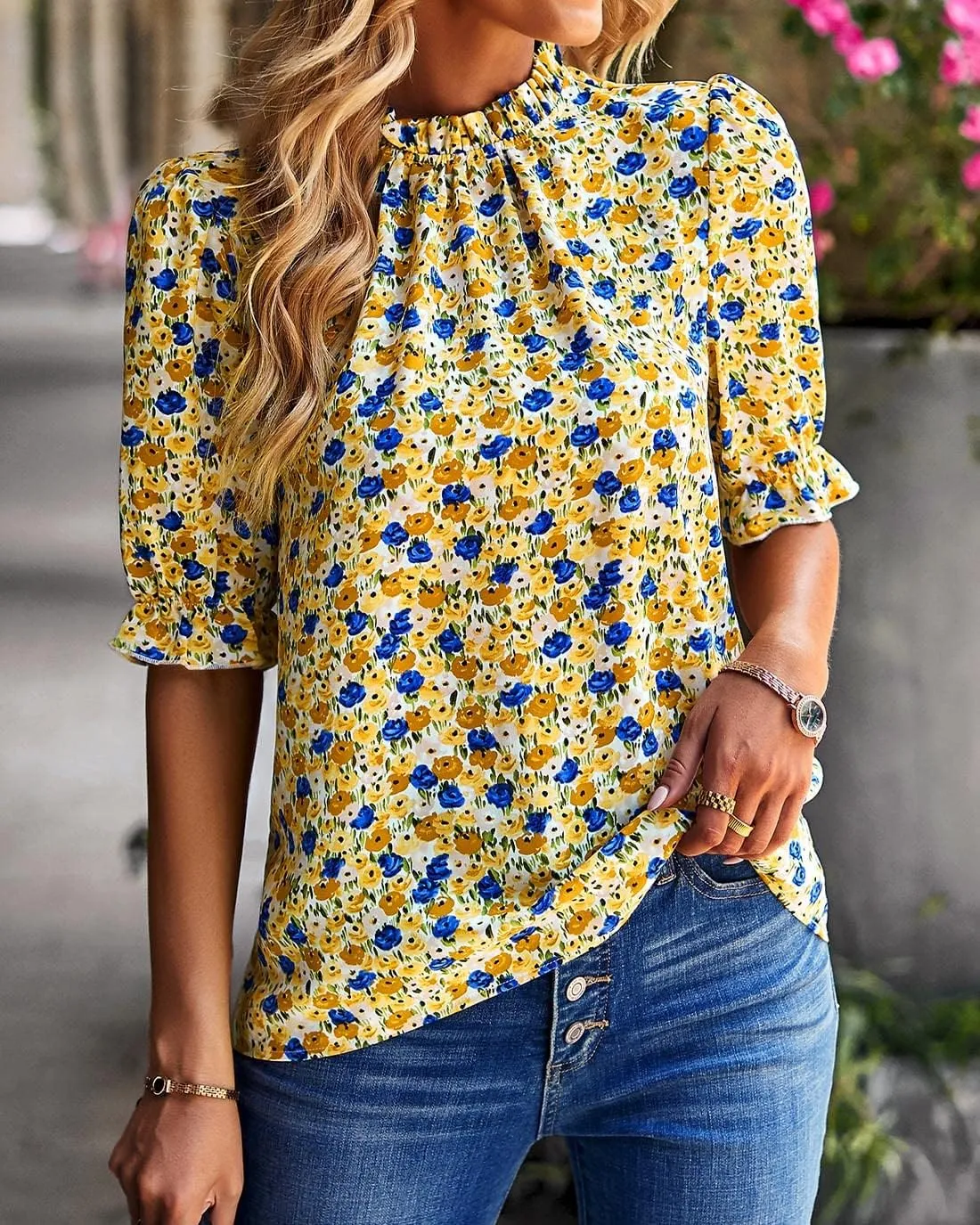 BTFBM Women's Summer Boho Shirt Top Ruffle Short Sleeve Frill Trim Mock Neck Floral Solid 2025 Casual Blouses Shirts Tops