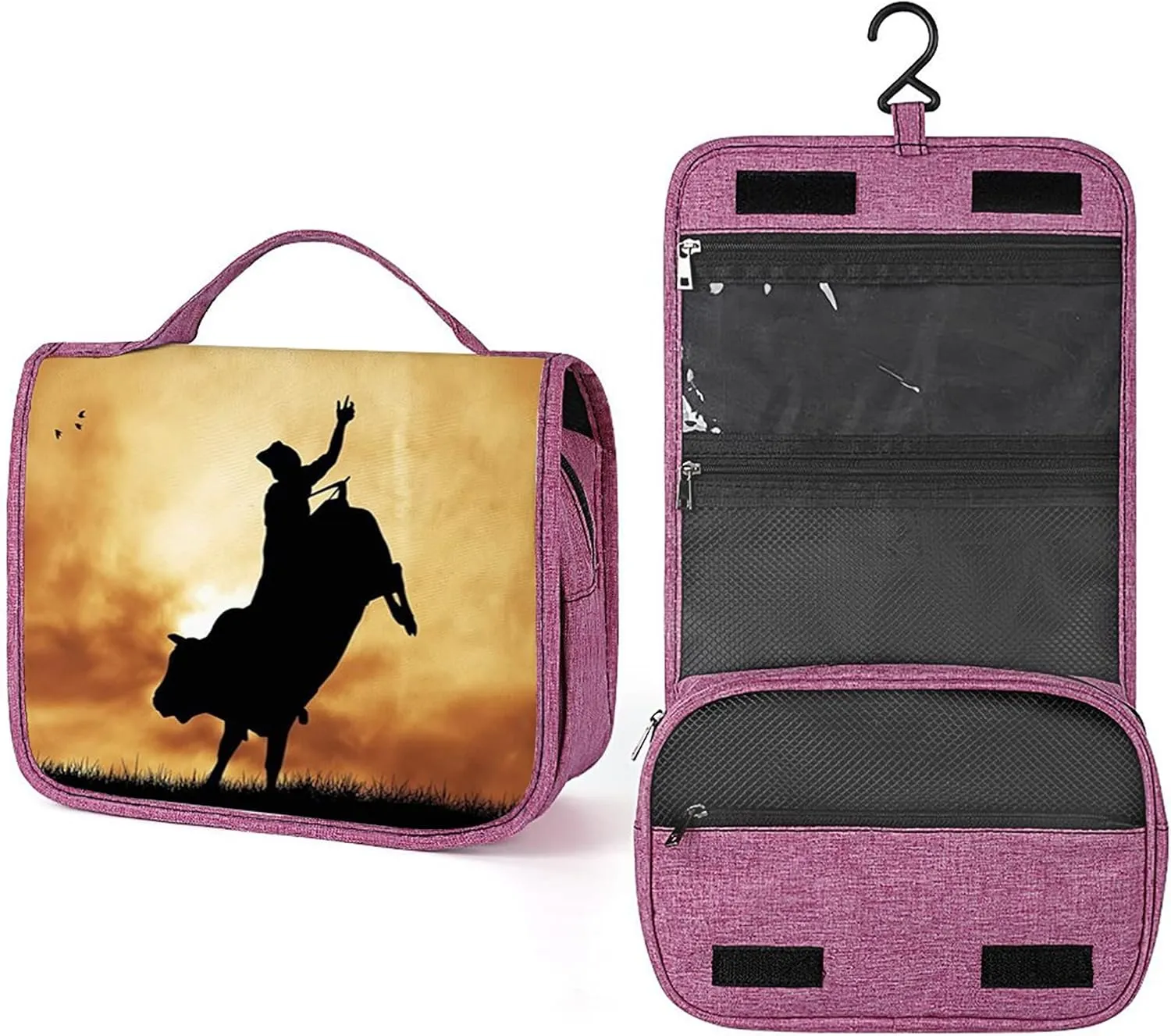 Bull Rider,Makeup Bag Cosmetic Travel Bag with Hanging Hook,Bull Rider At Sunset Dramatic,Water-resistant Make Up Bag Organizer for Brushes,Full-size Container,Toiletries,Black Orange