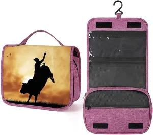 Bull Rider,Makeup Bag Cosmetic Travel Bag with Hanging Hook,Bull Rider At Sunset Dramatic,Water-resistant Make Up Bag Organizer for Brushes,Full-size Container,Toiletries,Black Orange