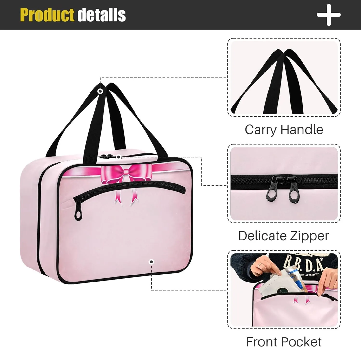 Burbuja Bow on Pink Hanging Travel Toiletry Bag with Hook, Waterproof Toiletry Bag Cosmetic Organizer for Toiletries Bathroom for Women, L