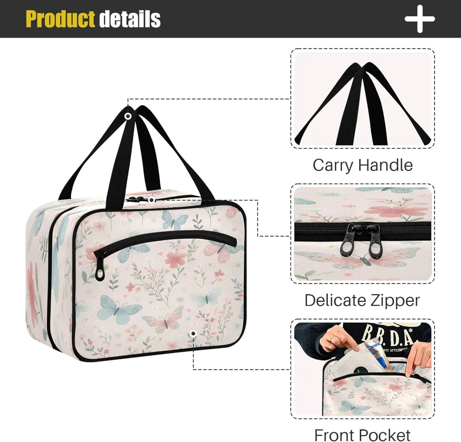 Burbuja Butterfly Twig Travel Toiletry Bag for Women, Hanging Waterproof Toiletry Bag Cosmetic Organizer for Toiletries Accessories, M