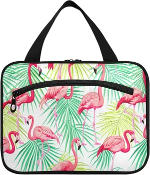 Burbuja Flamingos Tropical Leaves Hanging Travel Toiletry Bag with Hook, Waterproof Toiletry Bag Cosmetic Organizer for Toiletries Bathroom for Women, L