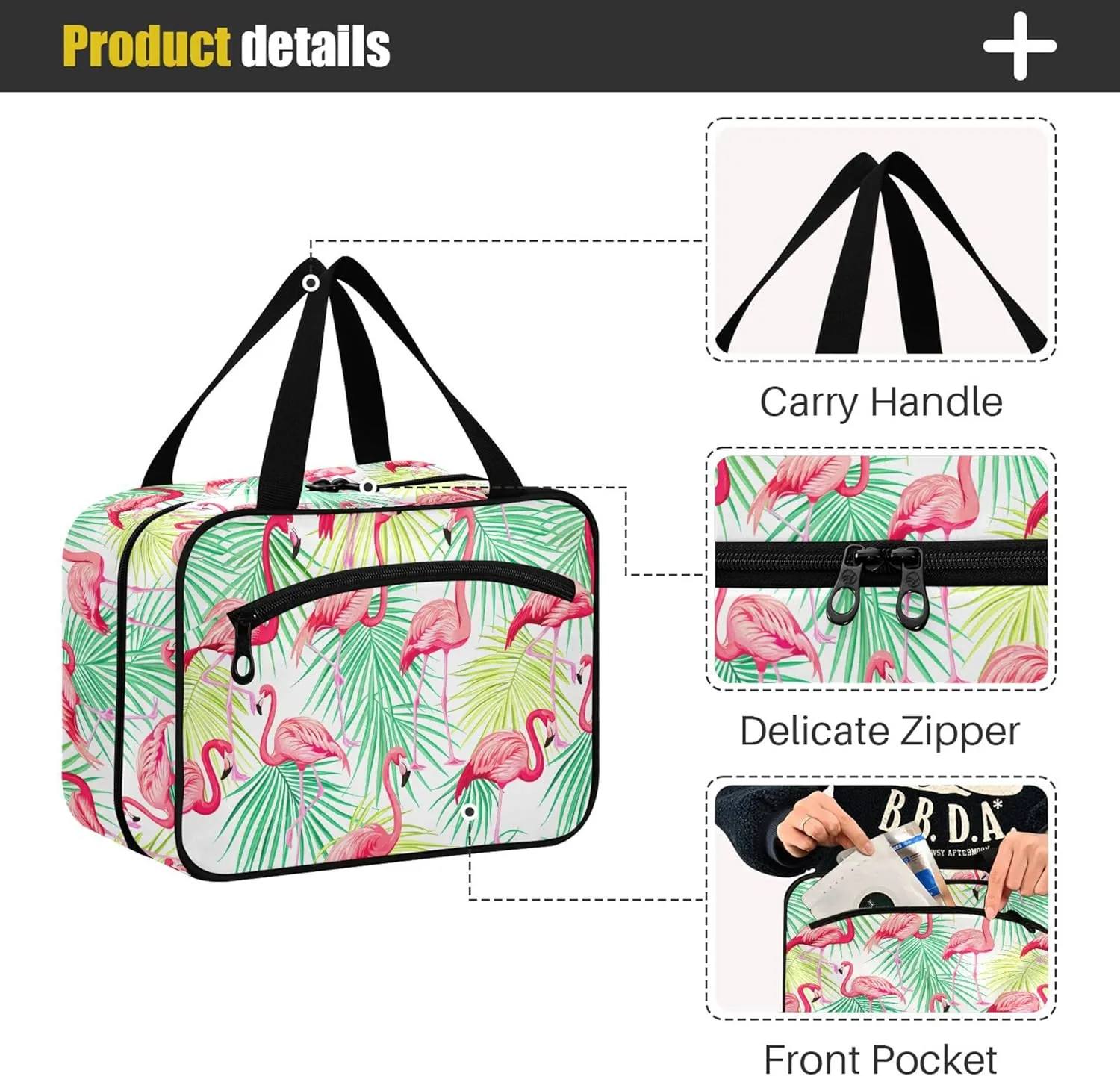 Burbuja Flamingos Tropical Leaves Hanging Travel Toiletry Bag with Hook, Waterproof Toiletry Bag Cosmetic Organizer for Toiletries Bathroom for Women, L