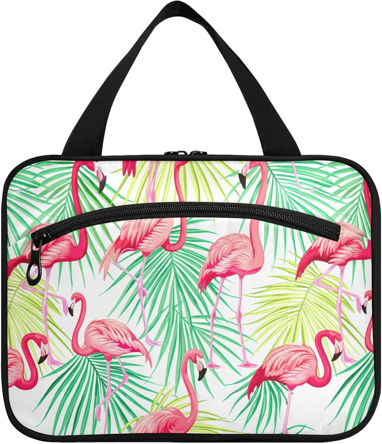 Burbuja Flamingos Tropical Leaves Hanging Travel Toiletry Bag with Hook, Waterproof Toiletry Bag Cosmetic Organizer for Toiletries Bathroom for Women, L