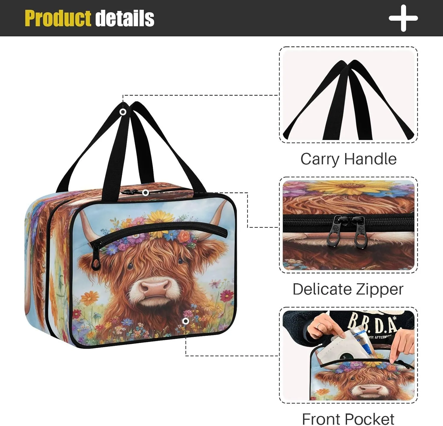 Burbuja Highland Cow with Flowers Travel Toiletry Bag for Women, Hanging Waterproof Toiletry Bag Cosmetic Organizer for Toiletries Accessories, M