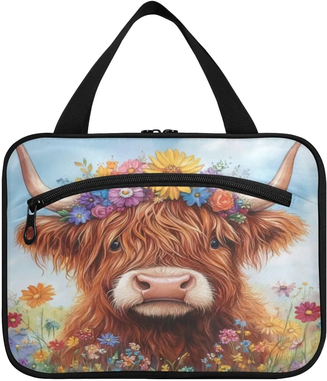 Burbuja Highland Cow with Flowers Travel Toiletry Bag for Women, Hanging Waterproof Toiletry Bag Cosmetic Organizer for Toiletries Accessories, M