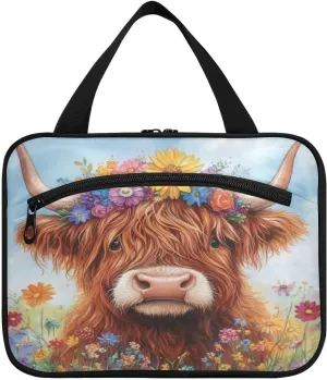 Burbuja Highland Cow with Flowers Travel Toiletry Bag for Women, Hanging Waterproof Toiletry Bag Cosmetic Organizer for Toiletries Accessories, M