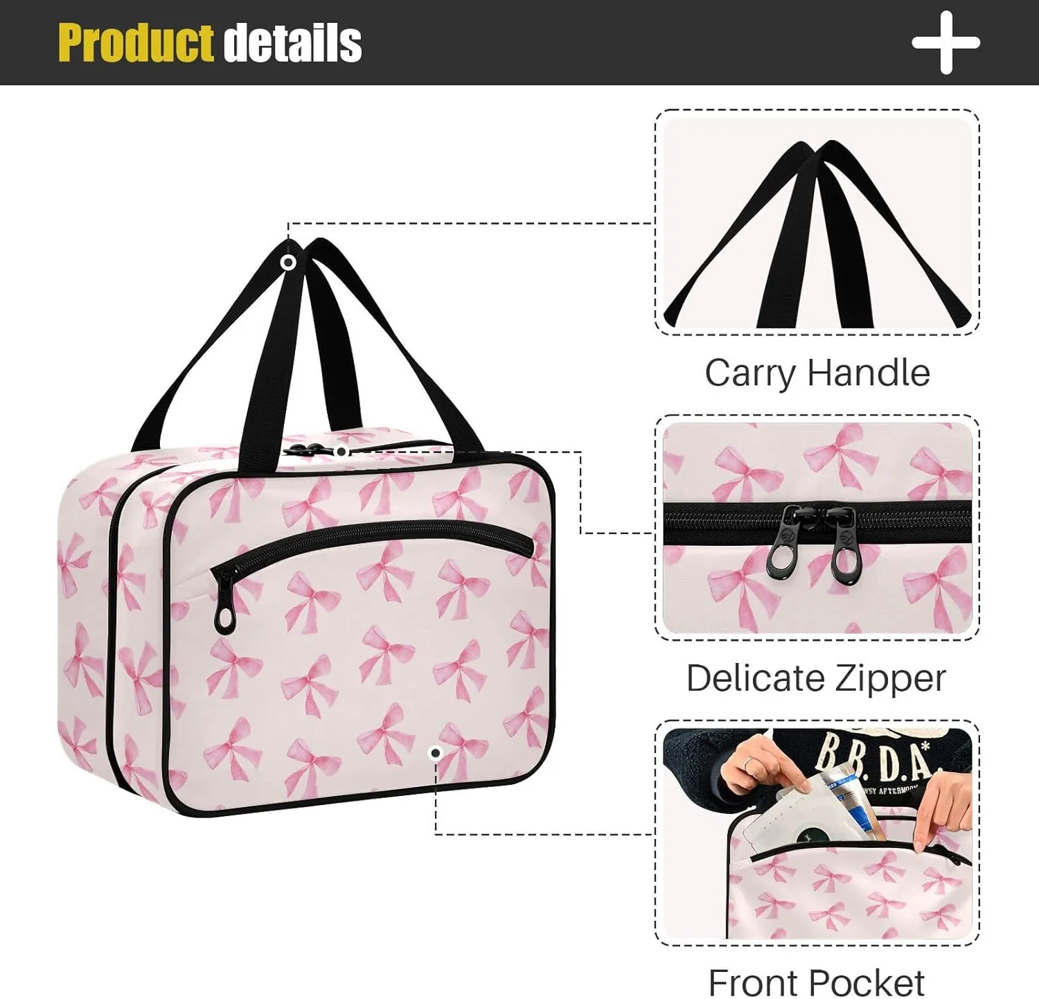 Burbuja Pink Bow Travel Toiletry Bag for Women, Hanging Waterproof Toiletry Bag Cosmetic Organizer for Toiletries Accessories, M