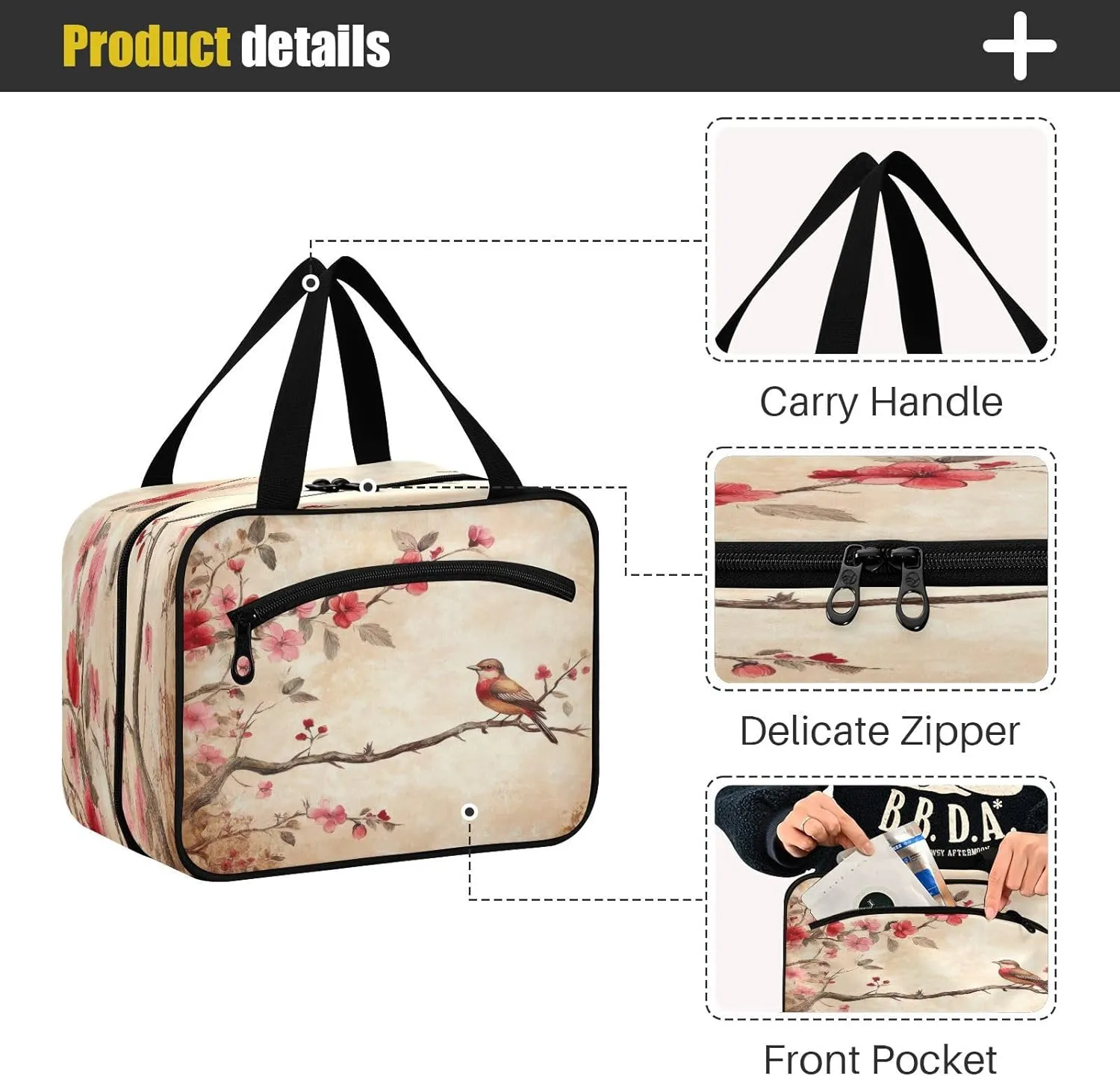 Burbuja Retro Bird in Twig Travel Toiletry Bag for Women, Hanging Waterproof Toiletry Bag Cosmetic Organizer for Toiletries Accessories, M
