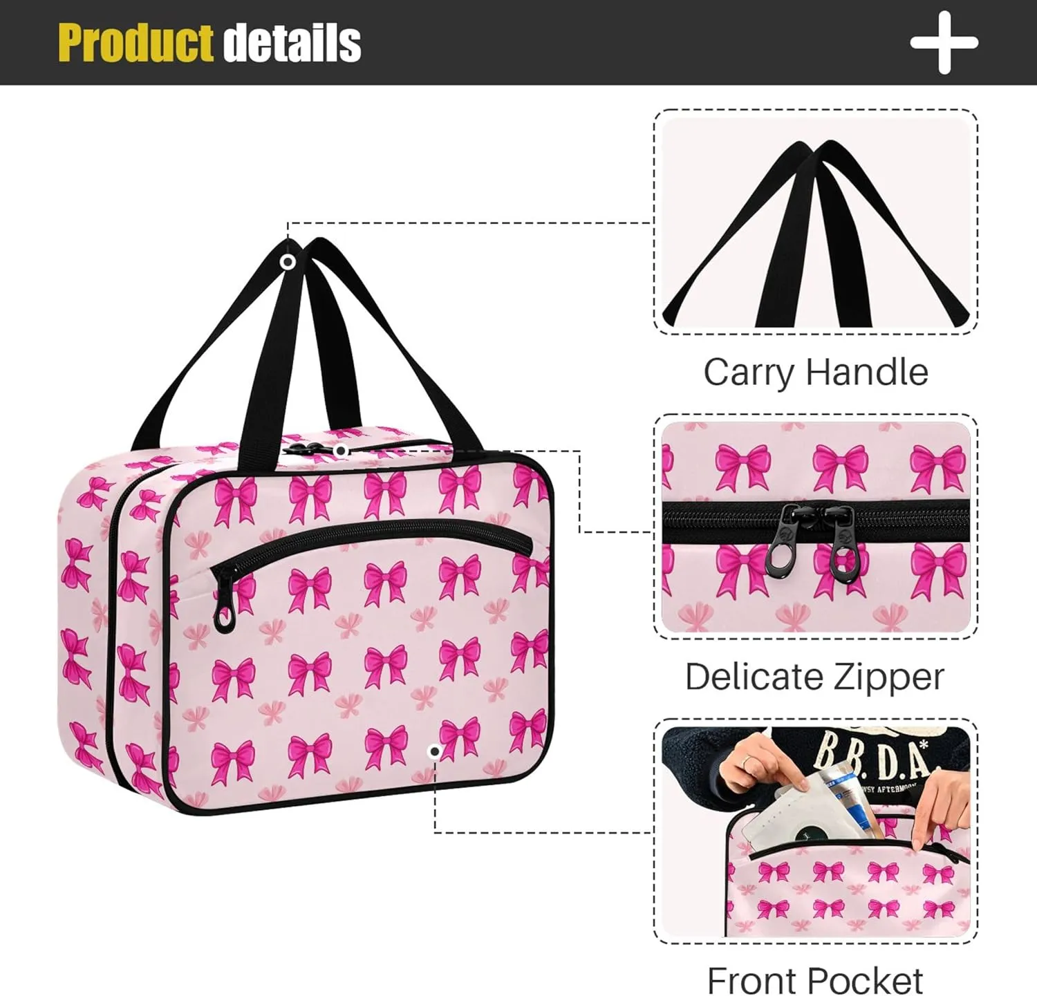 Burbuja Rose Pink Bows on Pink Hanging Travel Toiletry Bag with Hook, Waterproof Toiletry Bag Cosmetic Organizer for Toiletries Bathroom for Women, L