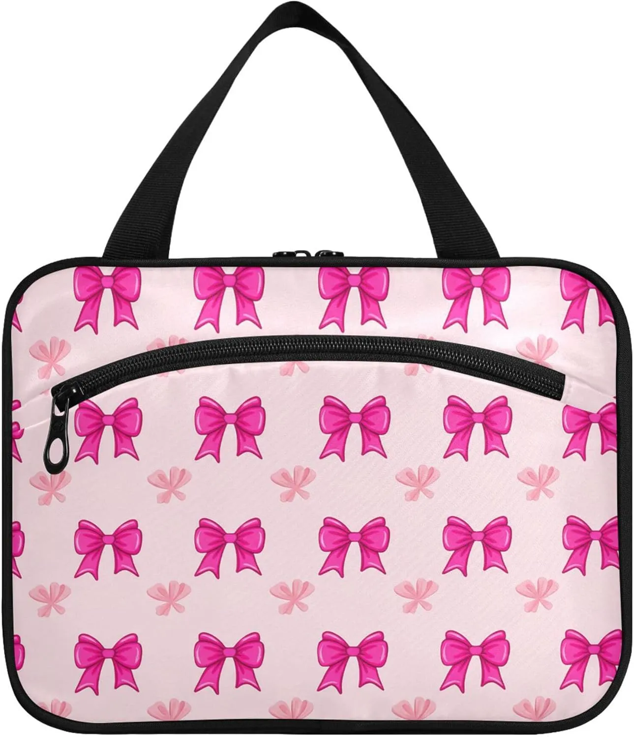 Burbuja Rose Pink Bows on Pink Hanging Travel Toiletry Bag with Hook, Waterproof Toiletry Bag Cosmetic Organizer for Toiletries Bathroom for Women, L