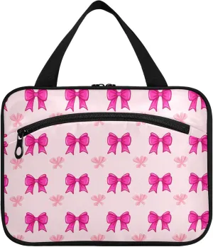 Burbuja Rose Pink Bows on Pink Hanging Travel Toiletry Bag with Hook, Waterproof Toiletry Bag Cosmetic Organizer for Toiletries Bathroom for Women, L