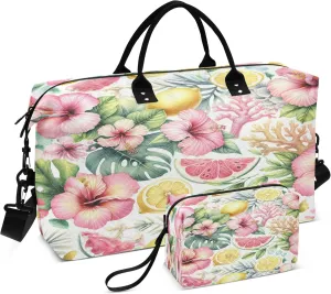 Burbuja Travel Duffel Bag for Women, Pink Hibiscus Lemons Coral Weekender Overnight Bag Shoulder Carry On Tote Bag with Trolley Sleeve, Gym Bag with Toiletry Bag